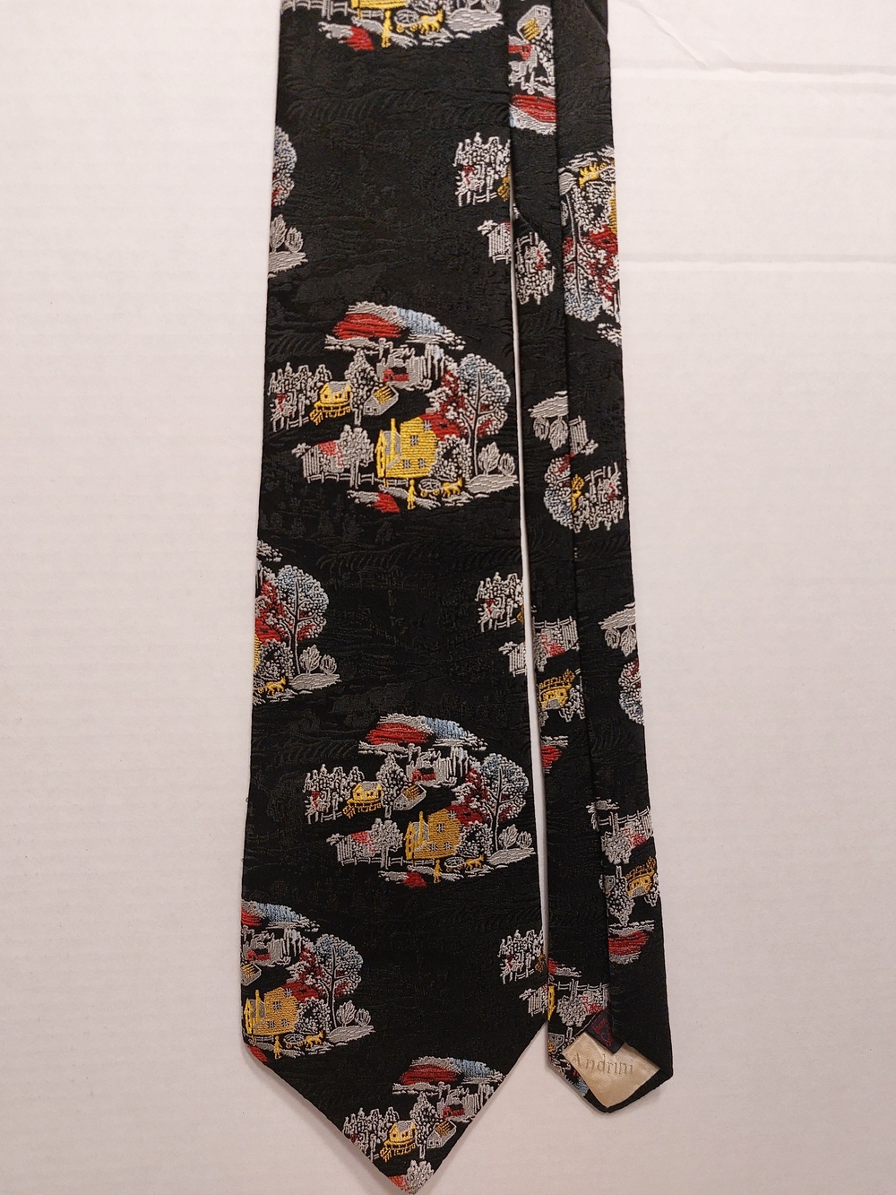 Black Scenic Pattern PolyesterTie from X'andri with Yellow & Red Village Accents